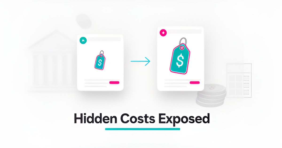 Flat illustration comparing two AI banking chatbot pricing panels with price tags, highlighting hidden costs and transparent TCO comparison for banks.